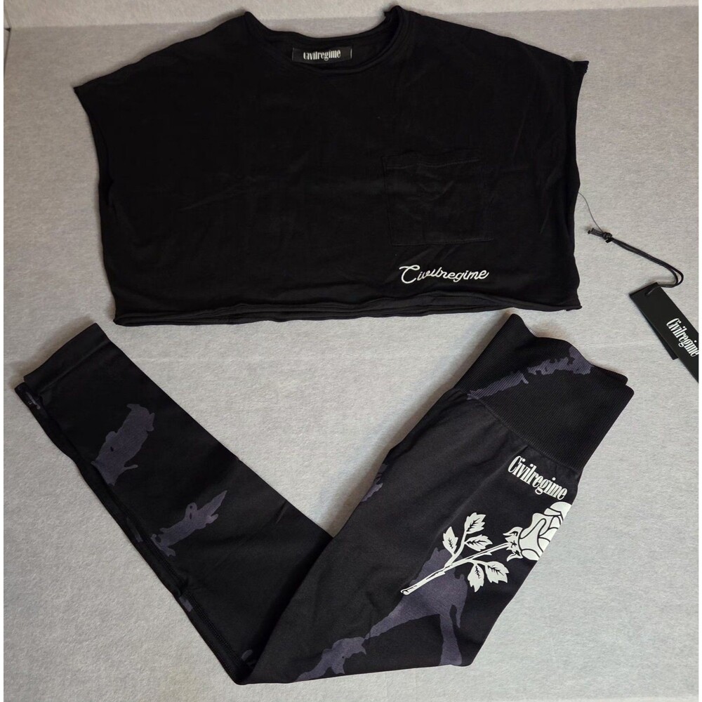 CIVIL REGIME Women’s Black Crop Top Sz S Flaming Rose Leggings Set NWT
